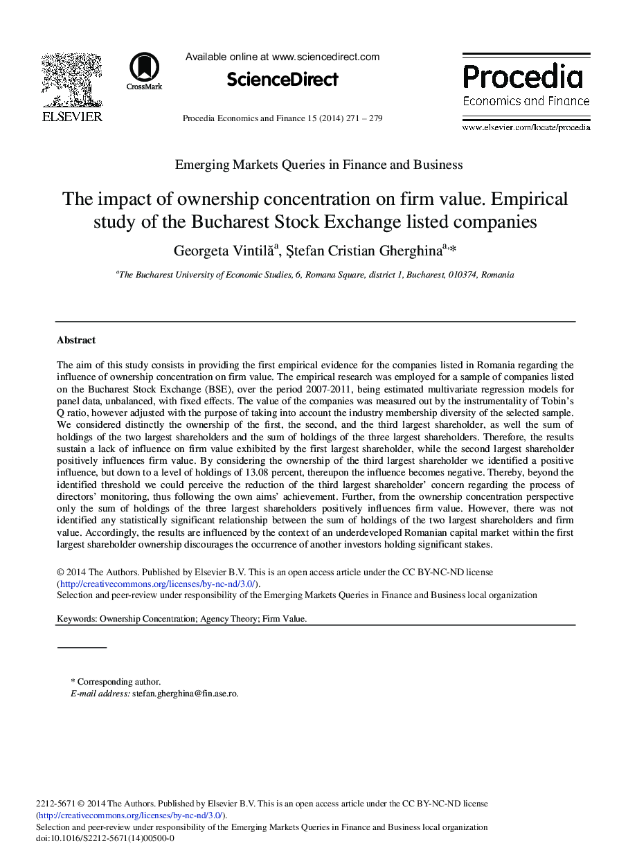 The Impact of Ownership Concentration on Firm Value. Empirical Study of the Bucharest Stock Exchange Listed Companies 