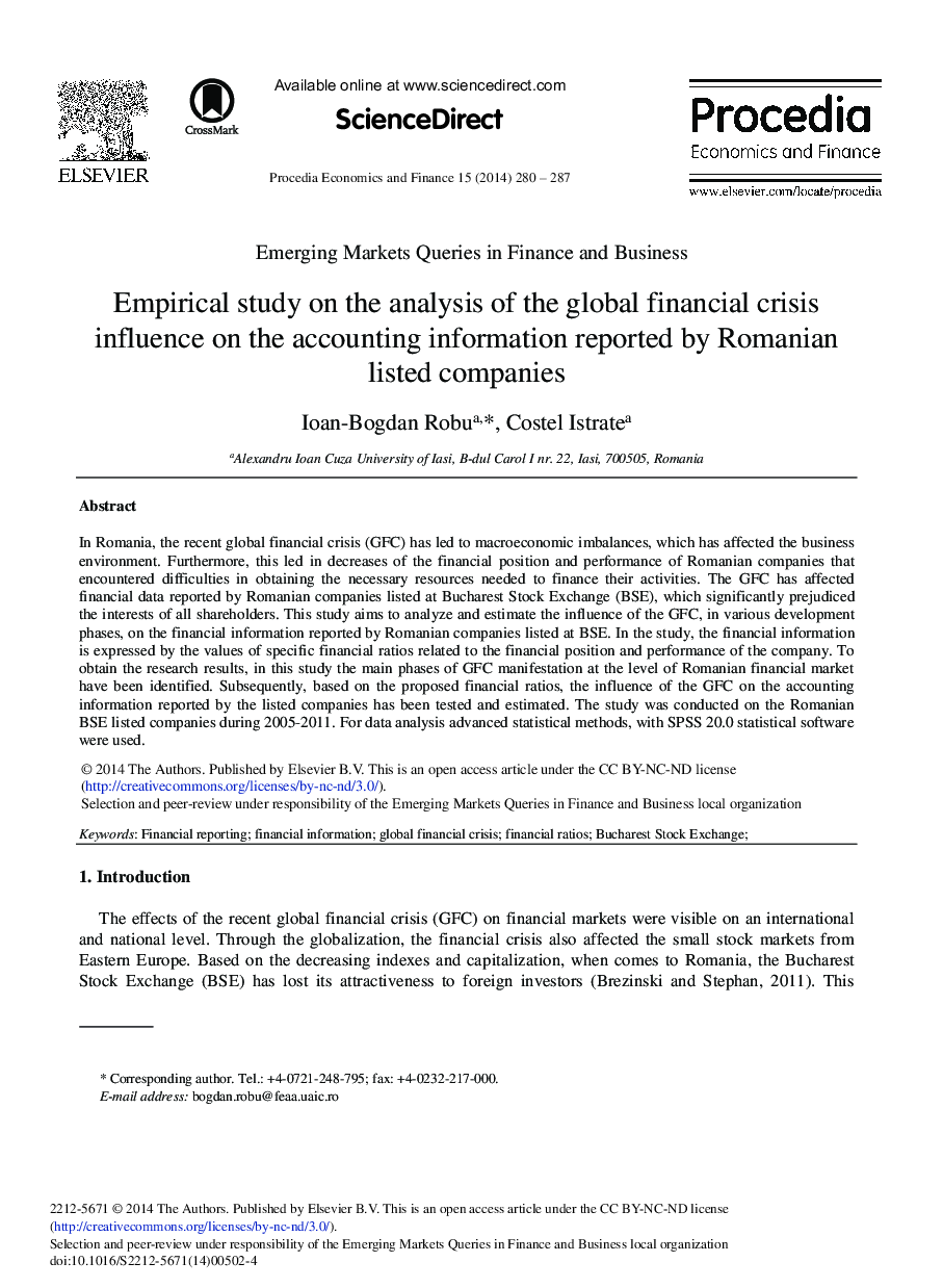 Empirical Study on the Analysis of the Global Financial Crisis Influence on the Accounting Information Reported by Romanian Listed Companies 