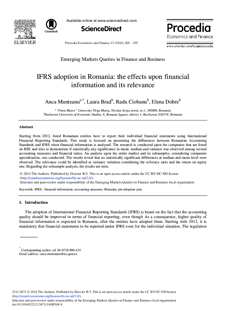 IFRS Adoption in Romania: The Effects upon Financial Information and its Relevance 