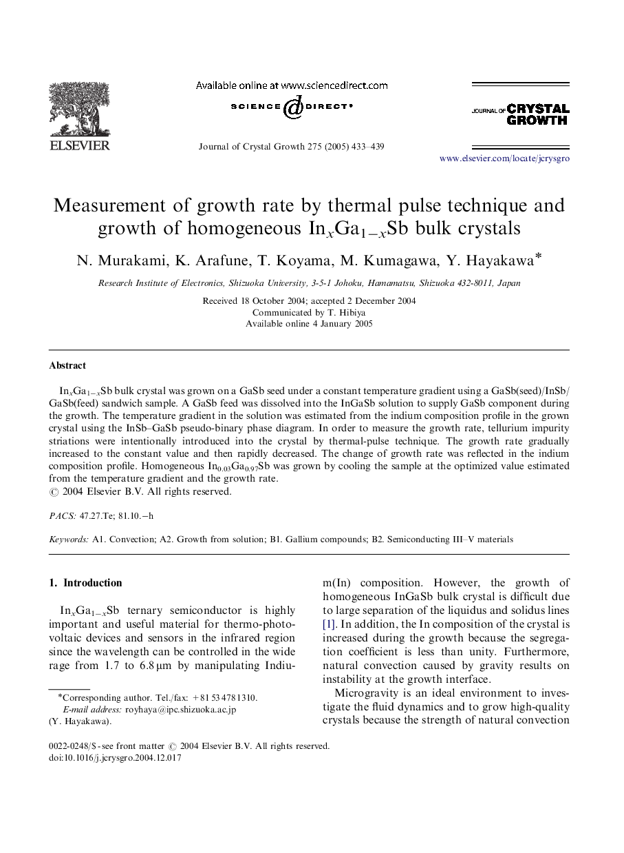 Measurement of growth rate by thermal pulse technique and growth of homogeneous InxGa1âxSb bulk crystals