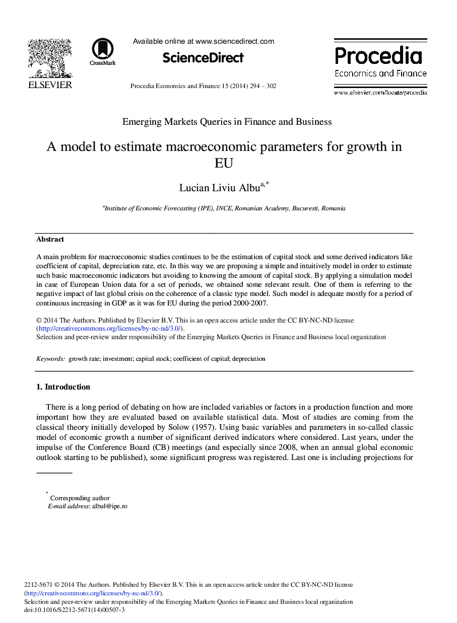 A Model to Estimate Macroeconomic Parameters for Growth in EU 