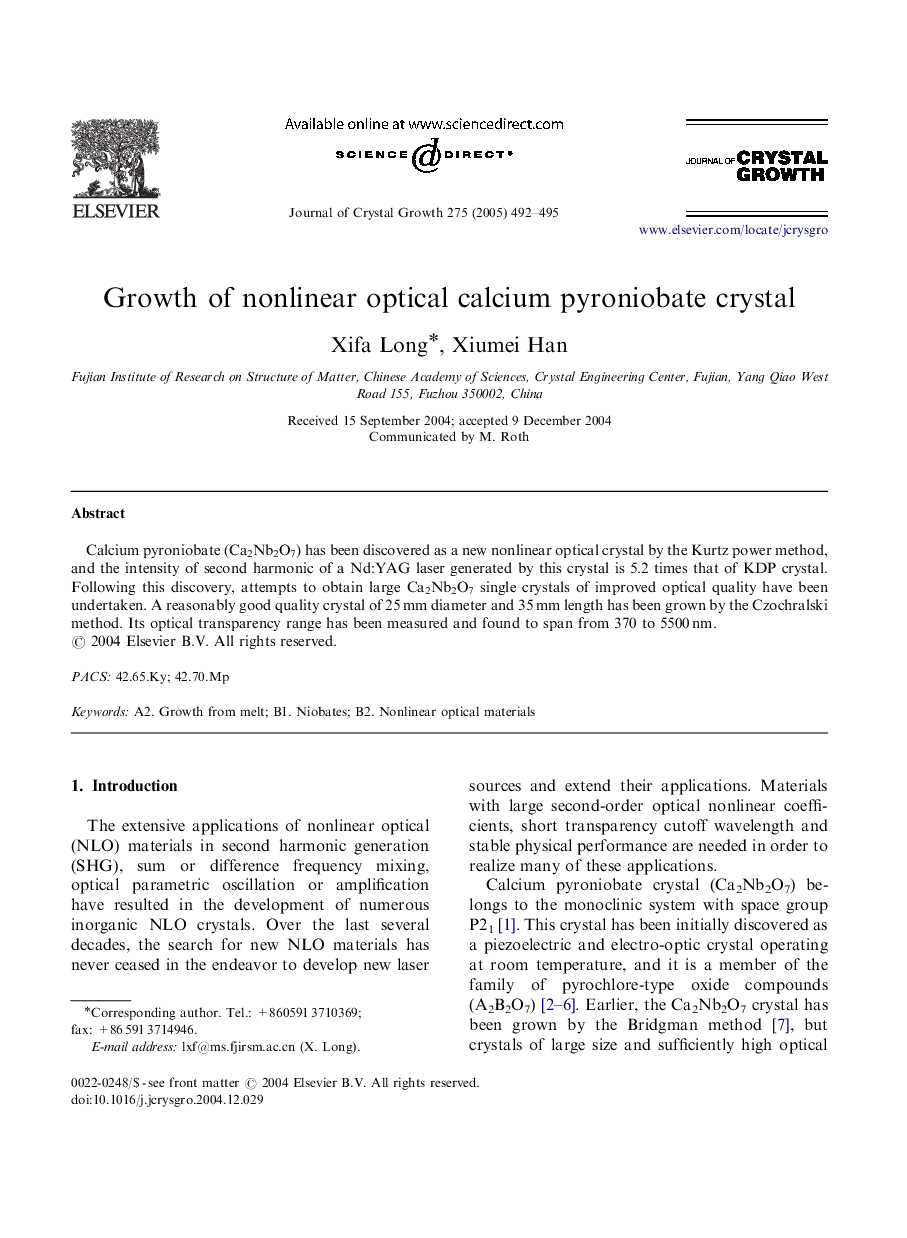 Growth of nonlinear optical calcium pyroniobate crystal