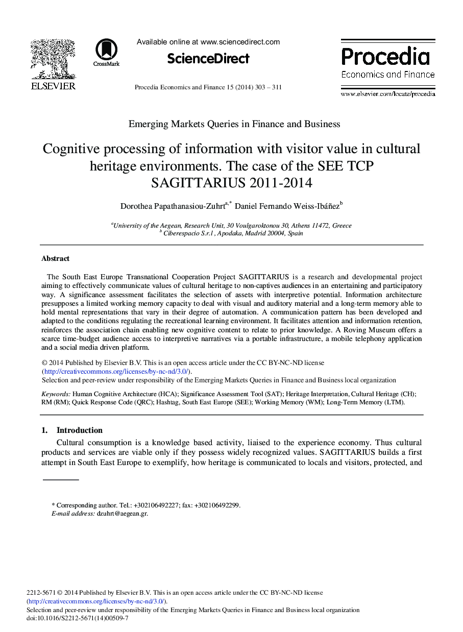 Cognitive Processing of Information with Visitor Value in Cultural Heritage Environments. The Case of the SEE TCP SAGITTARIUS 2011–2014 