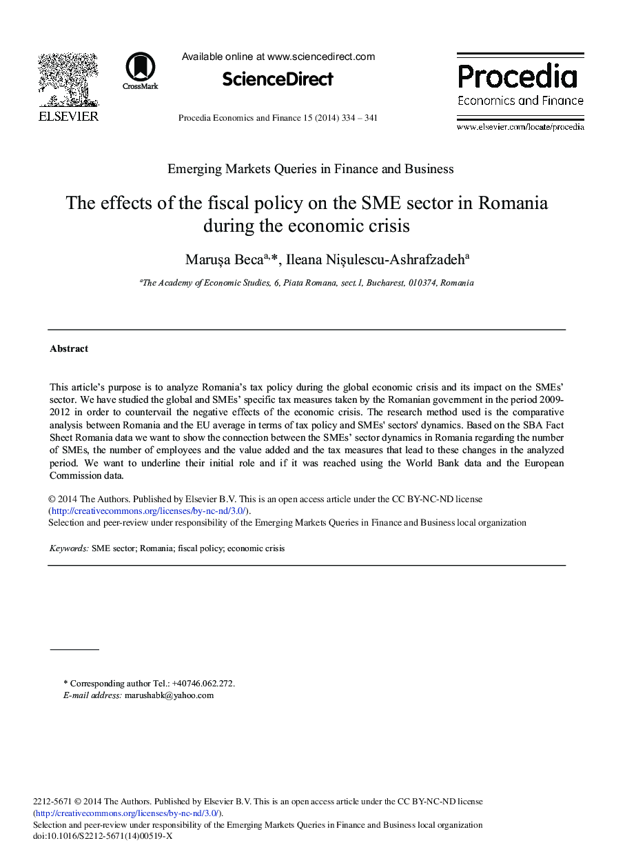 The Effects of the Fiscal Policy on the SME Sector in Romania During the Economic Crisis 