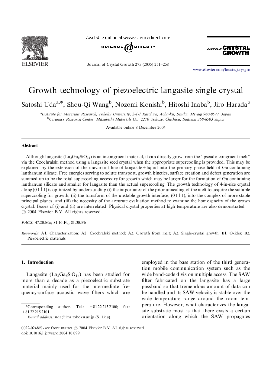 Growth technology of piezoelectric langasite single crystal