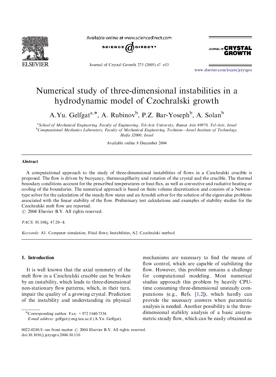 Numerical study of three-dimensional instabilities in a hydrodynamic model of Czochralski growth