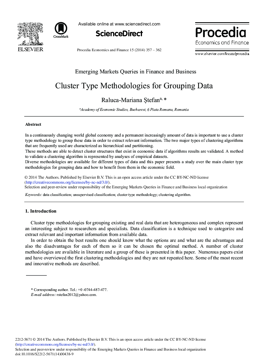 Cluster Type Methodologies for Grouping Data 