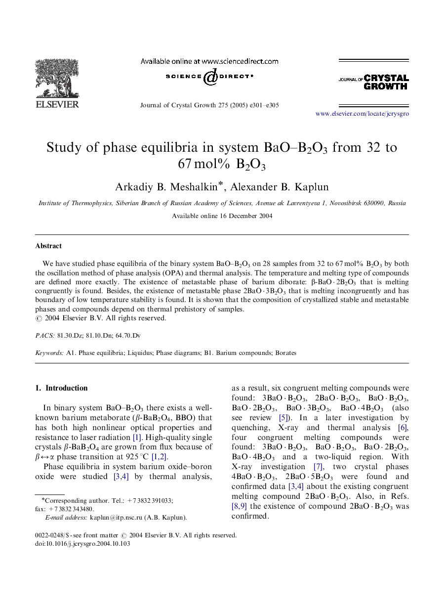 Study of phase equilibria in system BaO-B2O3 from 32 to 67Â mol% B2O3