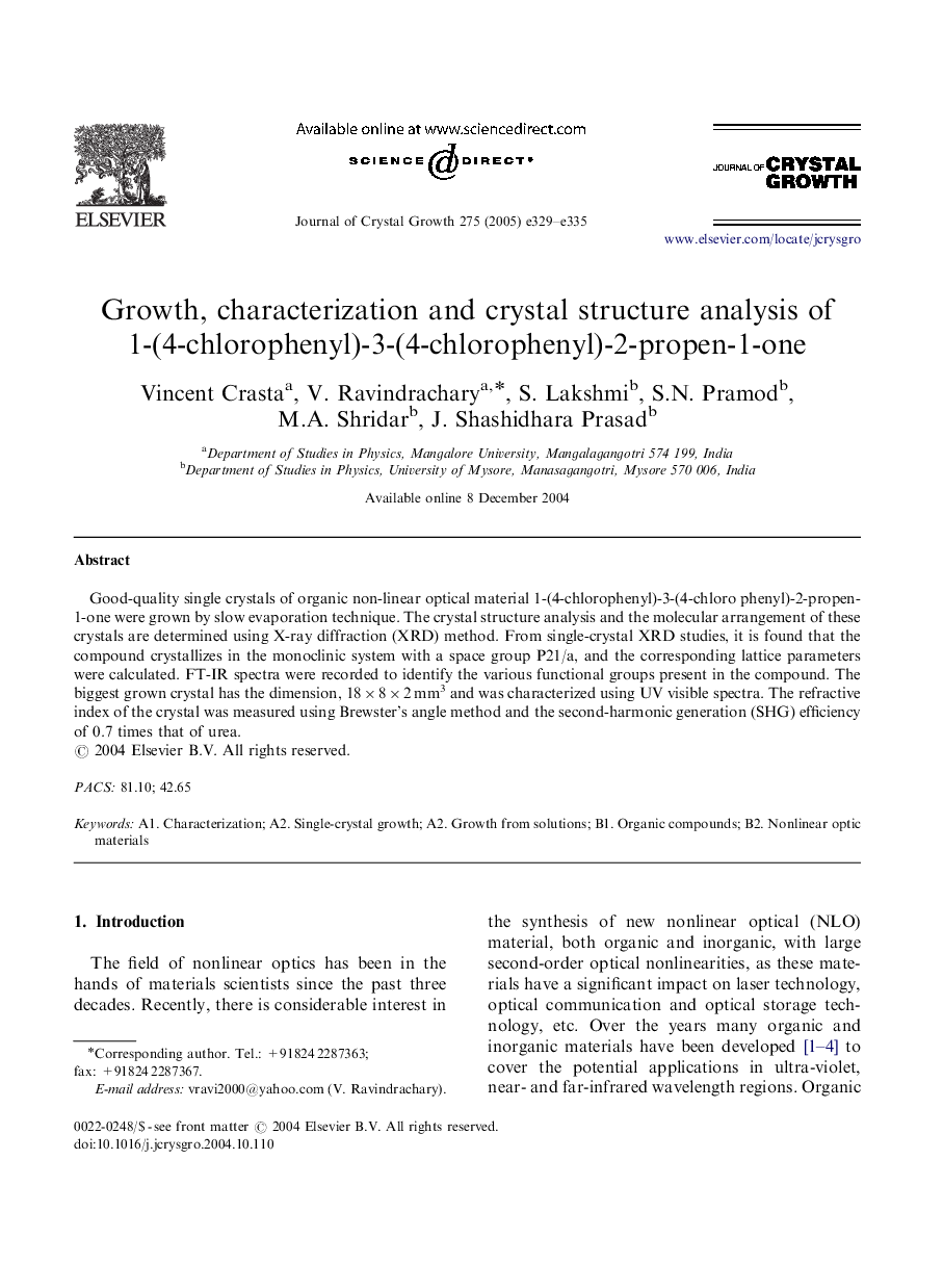 Growth, characterization and crystal structure analysis of 1-(4-chlorophenyl)-3-(4-chlorophenyl)-2-propen-1-one