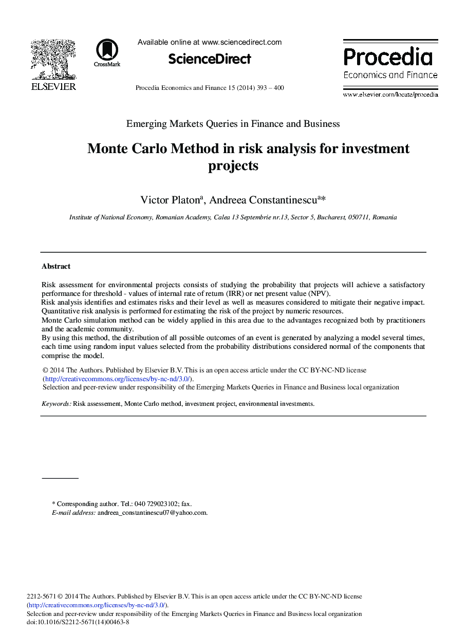 Monte Carlo Method in Risk Analysis for Investment Projects 