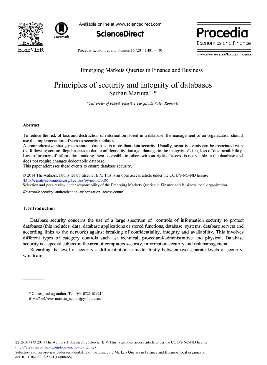 Principles of Security and Integrity of Databases 