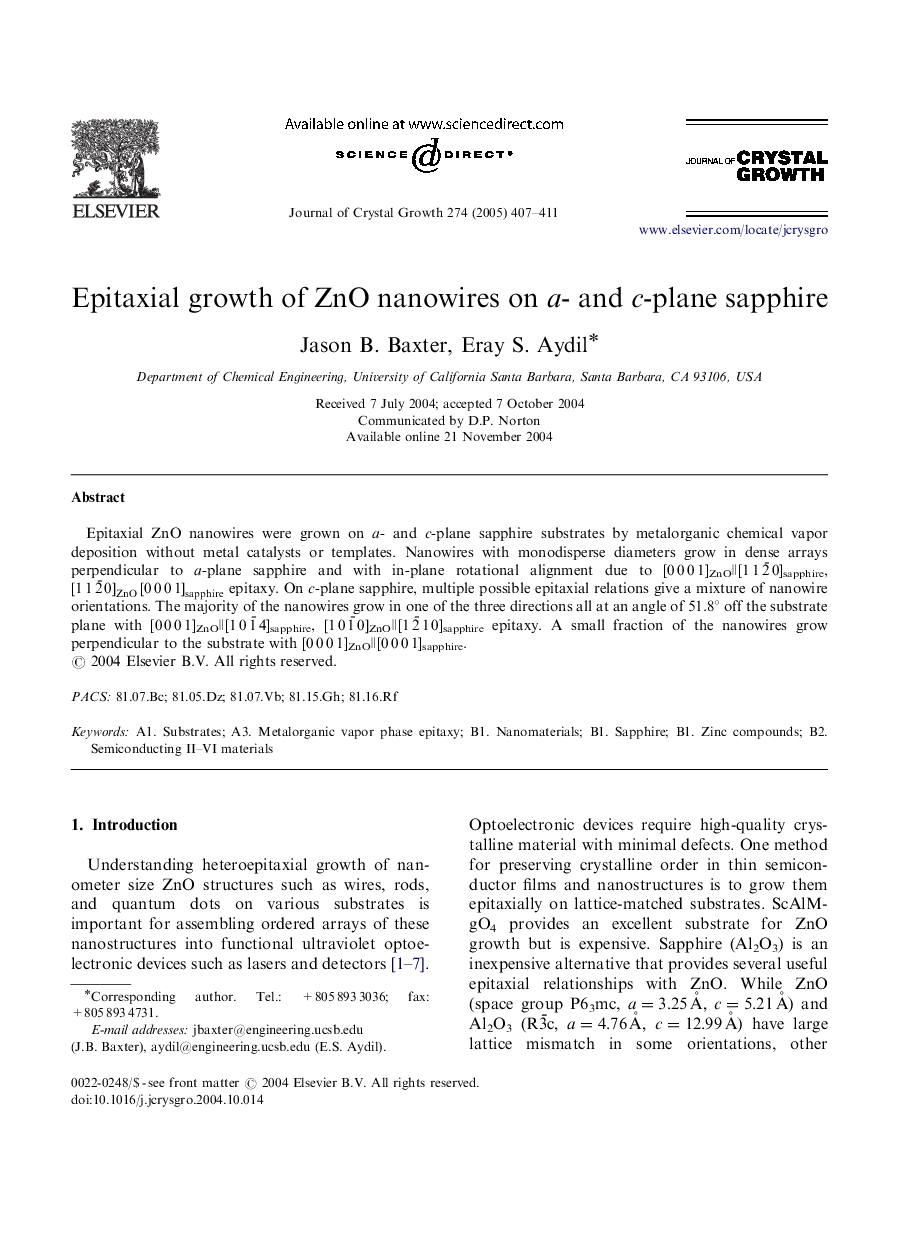 Epitaxial growth of ZnO nanowires on a- and c-plane sapphire