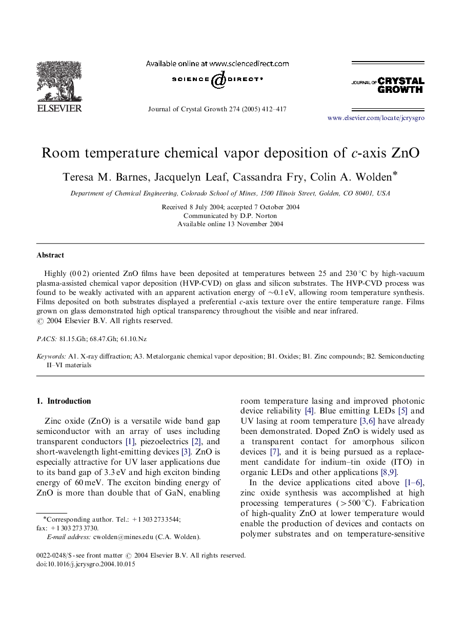 Room temperature chemical vapor deposition of c-axis ZnO