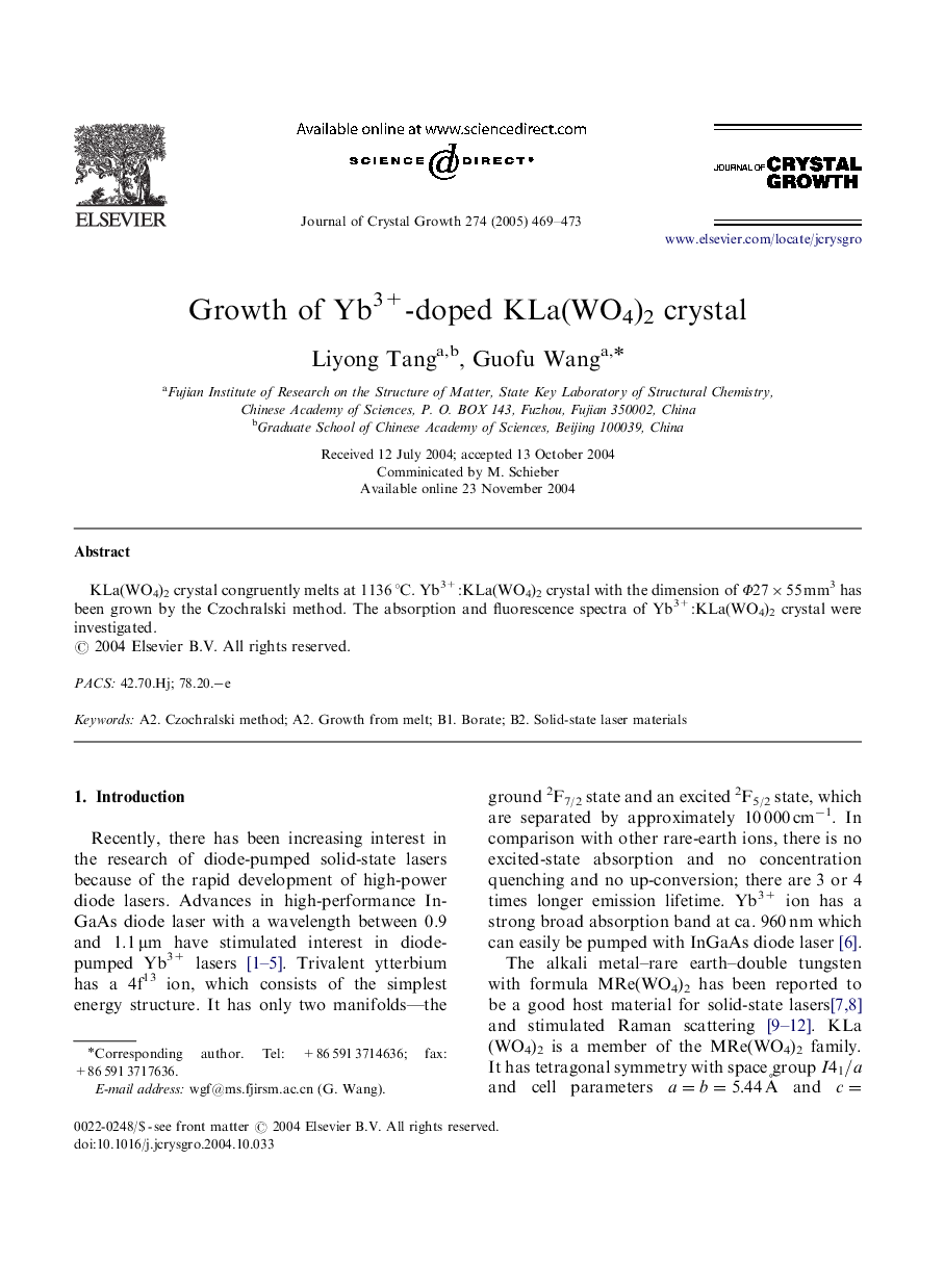 Growth of Yb3+-doped KLa(WO4)2 crystal