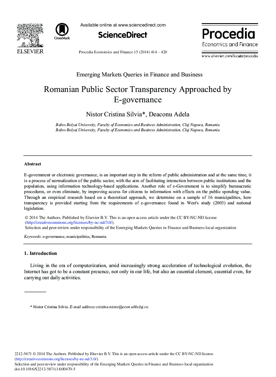 Romanian Public Sector Transparency Approached by E-governance 
