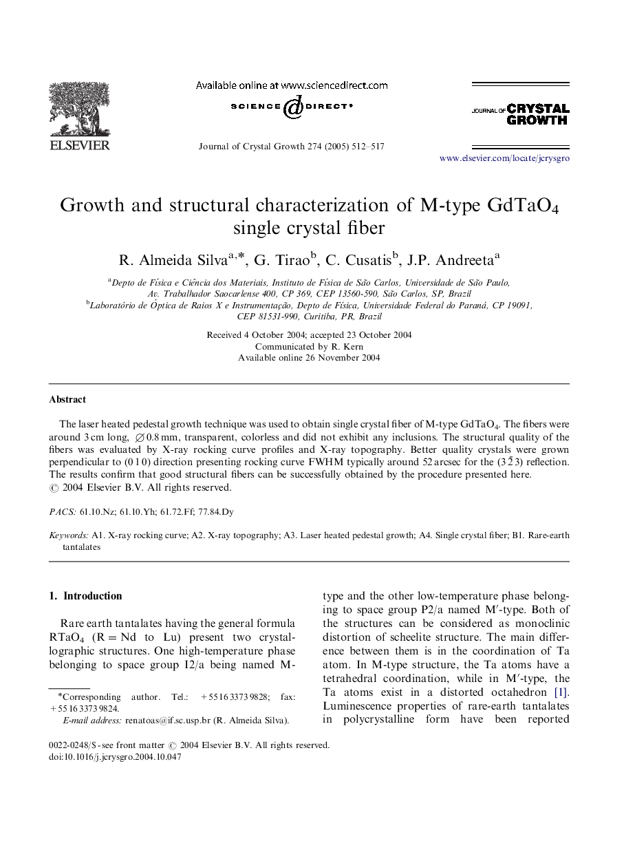عکس صفحه اول مقاله: Growth and structural characterization of M-type GdTaO4 single crystal fiber Growth and structural characterization of M-type GdTaO4 single crystal fiber