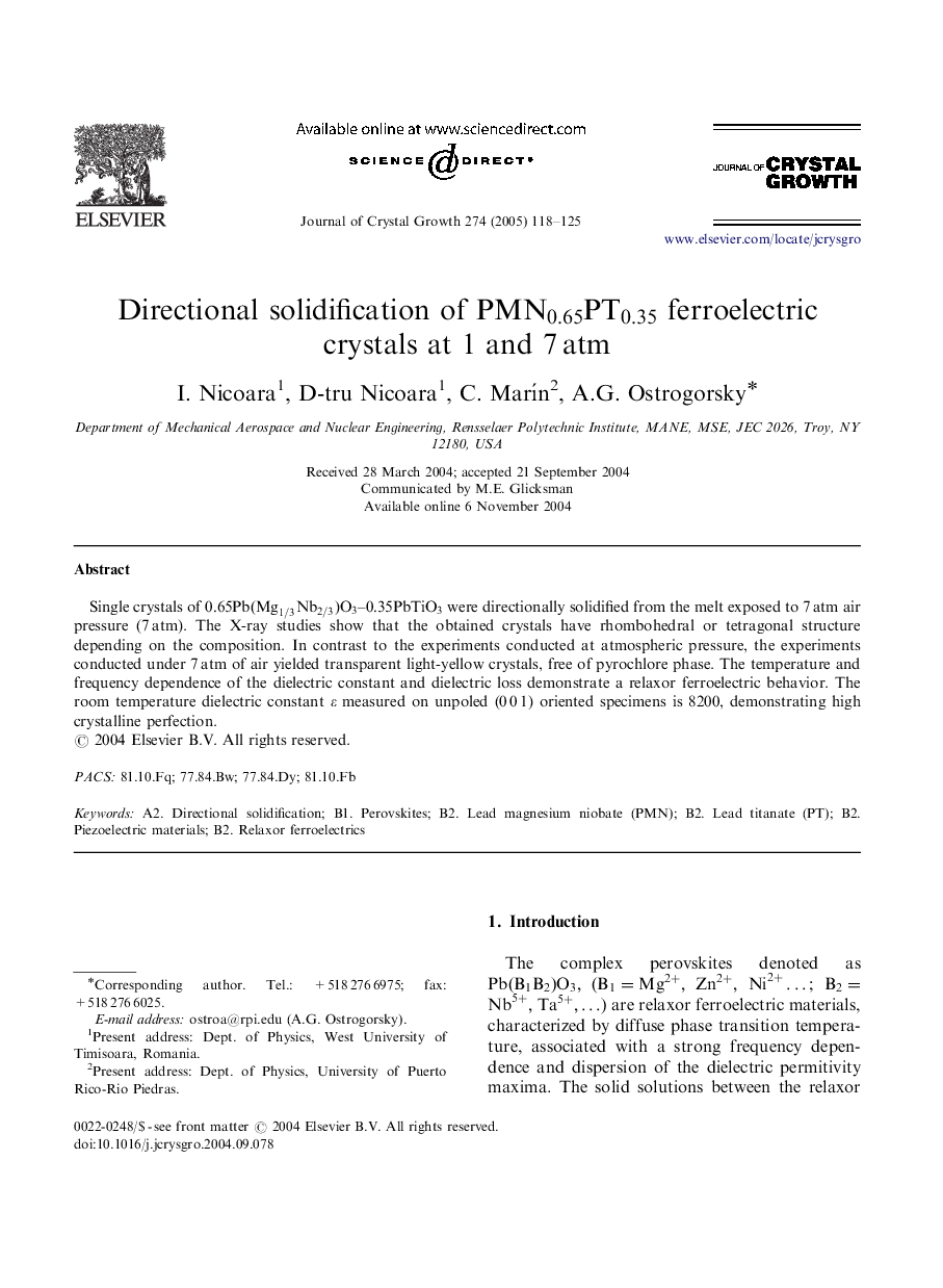 Directional solidification of PMN0.65PT0.35 ferroelectric crystals at 1 and 7Â atm