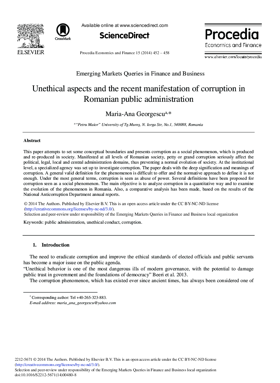 Unethical Aspects and the Recent Manifestation of Corruption in Romanian Public Administration 