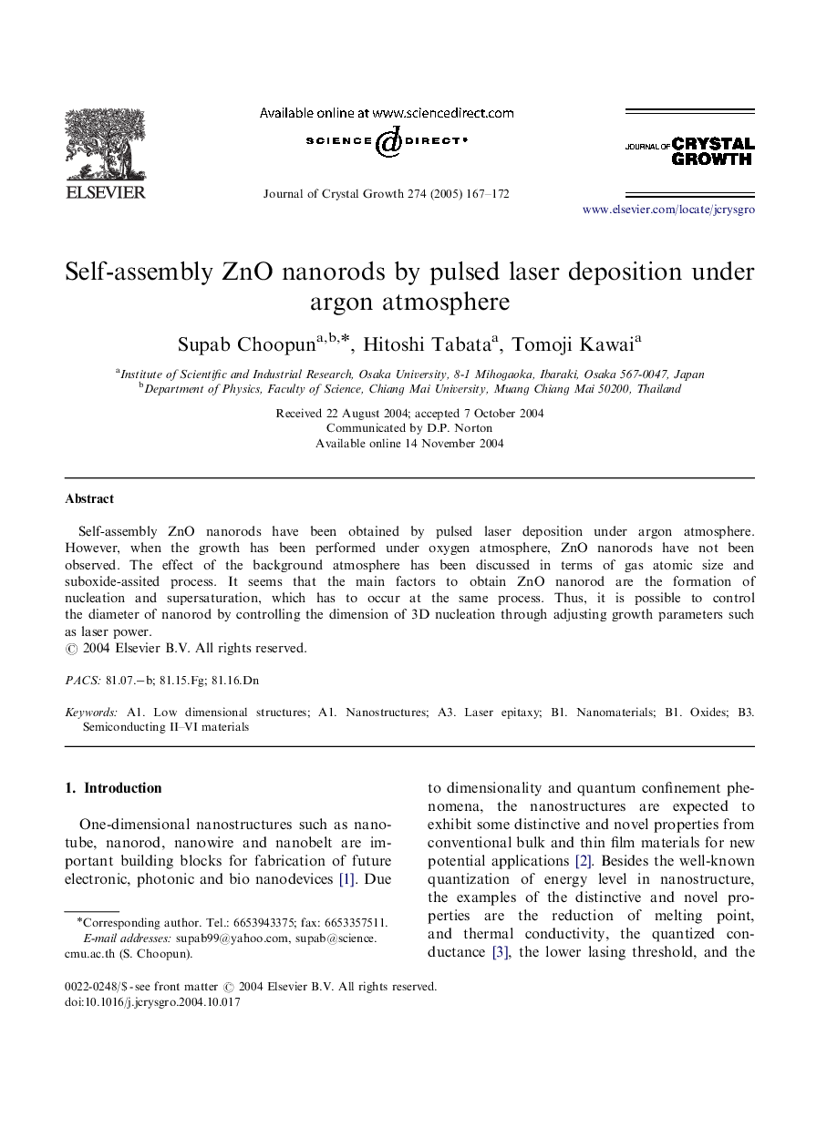 Self-assembly ZnO nanorods by pulsed laser deposition under argon atmosphere