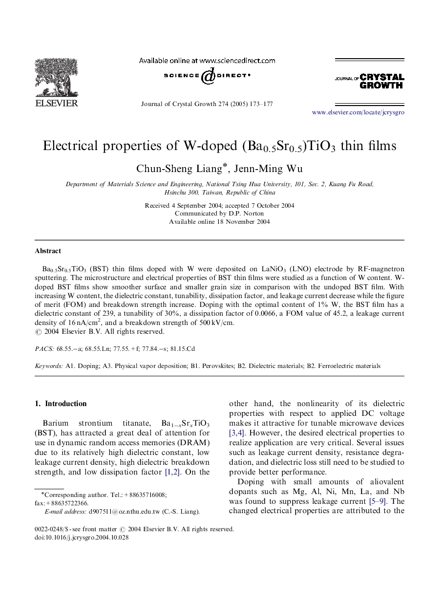 Electrical properties of W-doped (Ba0.5Sr0.5)TiO3 thin films