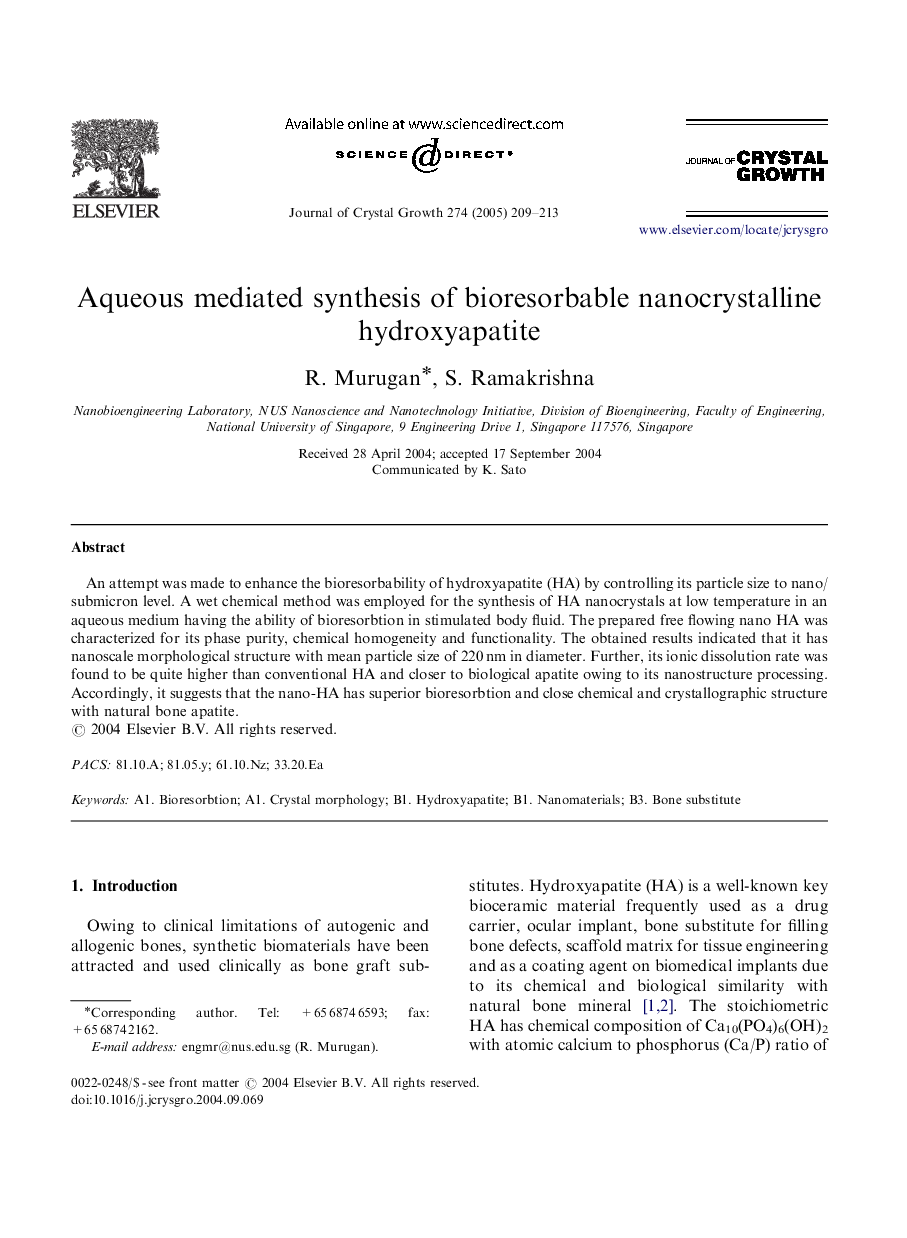 Aqueous mediated synthesis of bioresorbable nanocrystalline hydroxyapatite