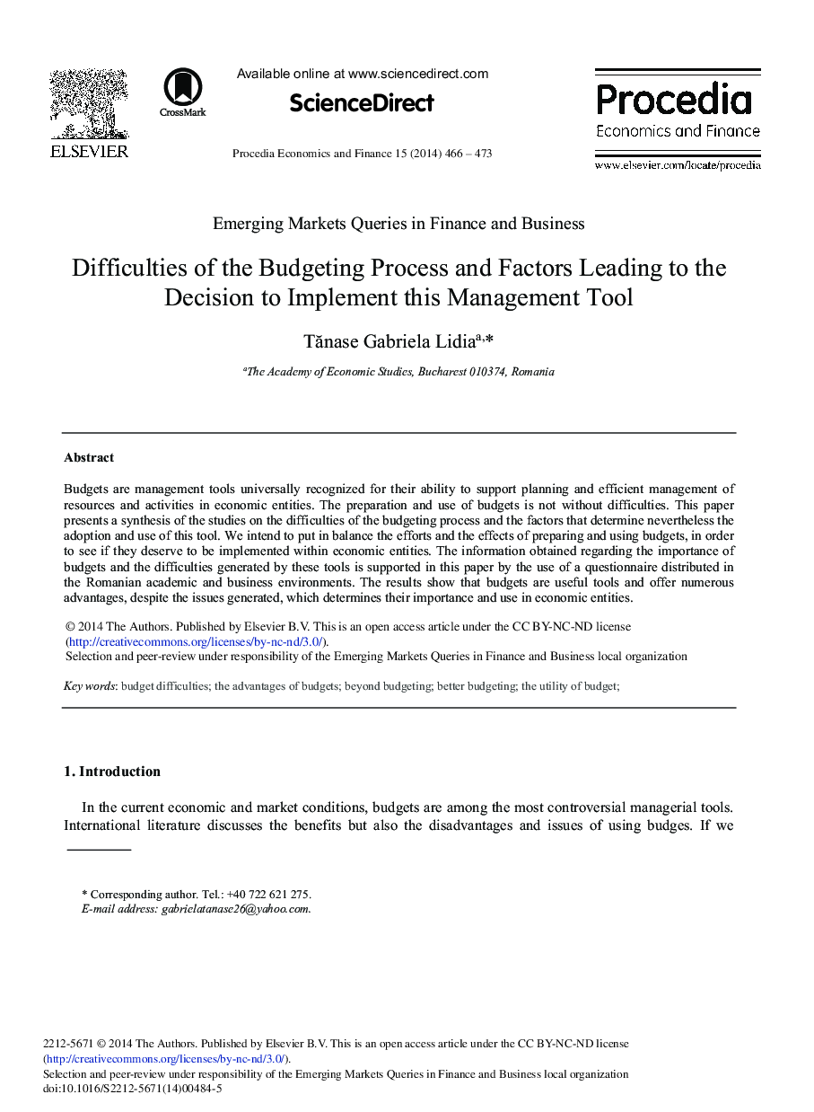 Difficulties of the Budgeting Process and Factors Leading to the Decision to Implement this Management Tool 