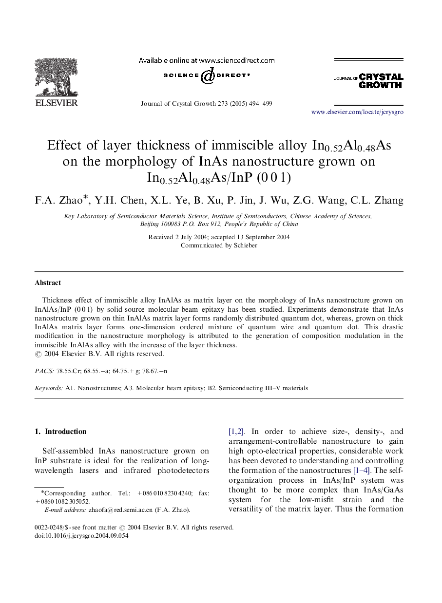 Effect of layer thickness of immiscible alloy In0.52Al0.48As on the morphology of InAs nanostructure grown on In0.52Al0.48As/InP (0Â 0Â 1)