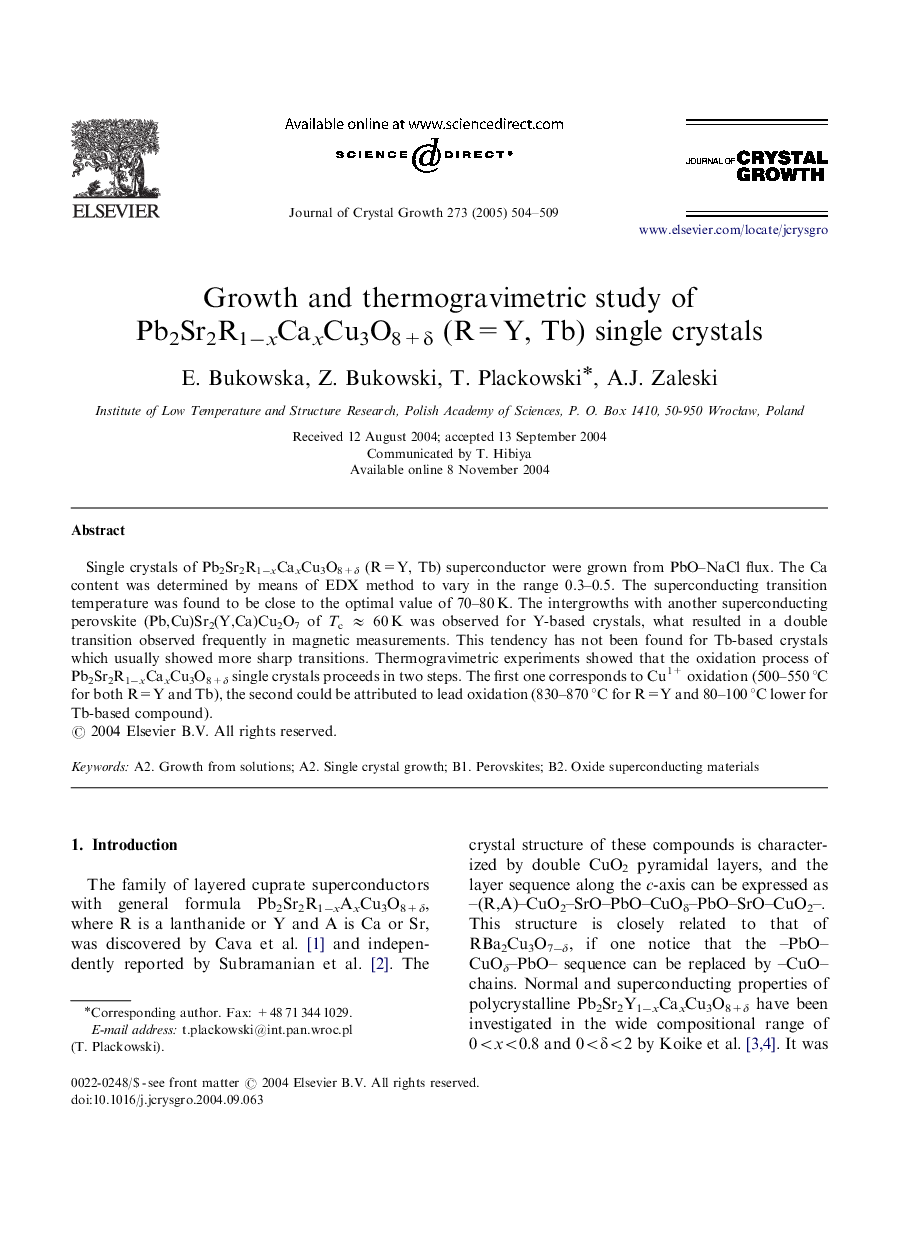 Growth and thermogravimetric study of Pb2Sr2R1âxCaxCu3O8+Î´ (R=Y, Tb) single crystals