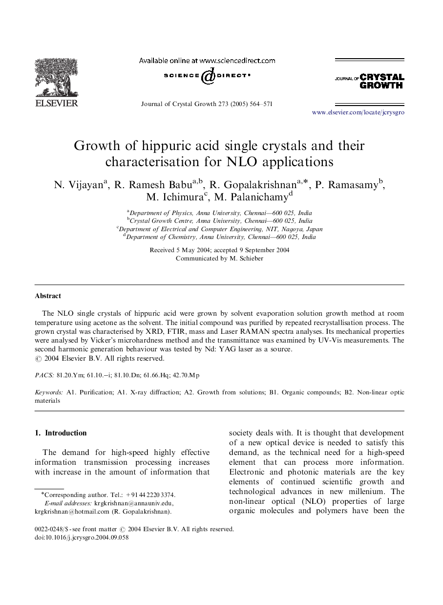 Growth of hippuric acid single crystals and their characterisation for NLO applications