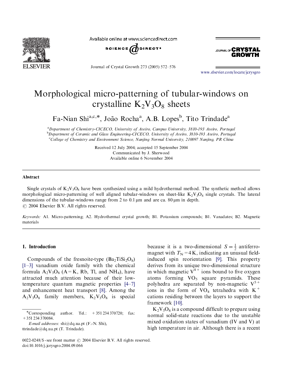 Morphological micro-patterning of tubular-windows on crystalline K2V3O8 sheets