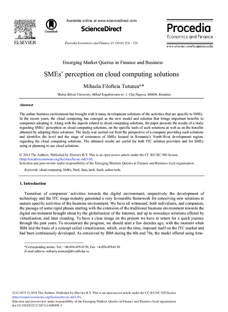 SMEs’ Perception on Cloud Computing Solutions 