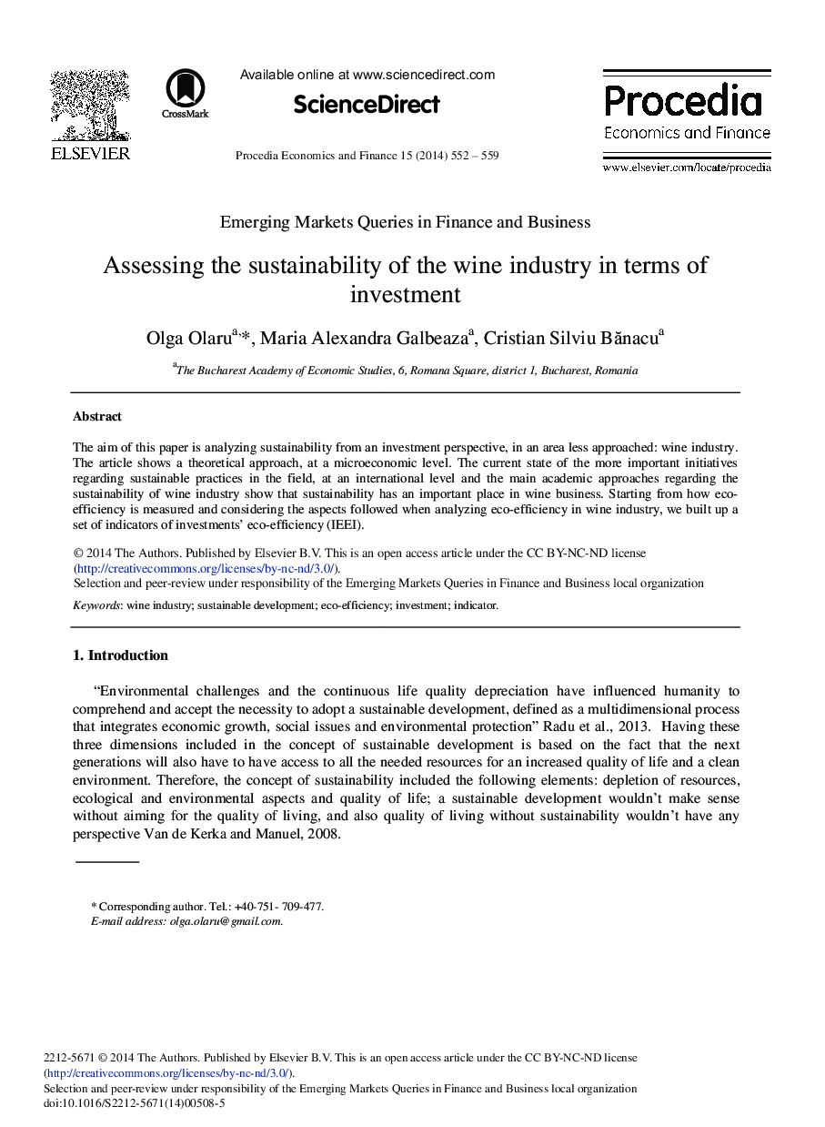 Assessing the Sustainability of the Wine Industry in Terms of Investment 