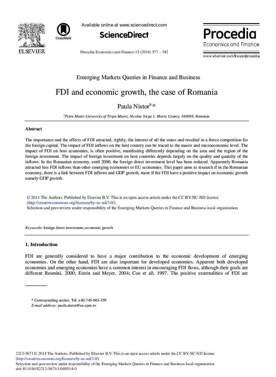 FDI and Economic Growth, the Case of Romania 