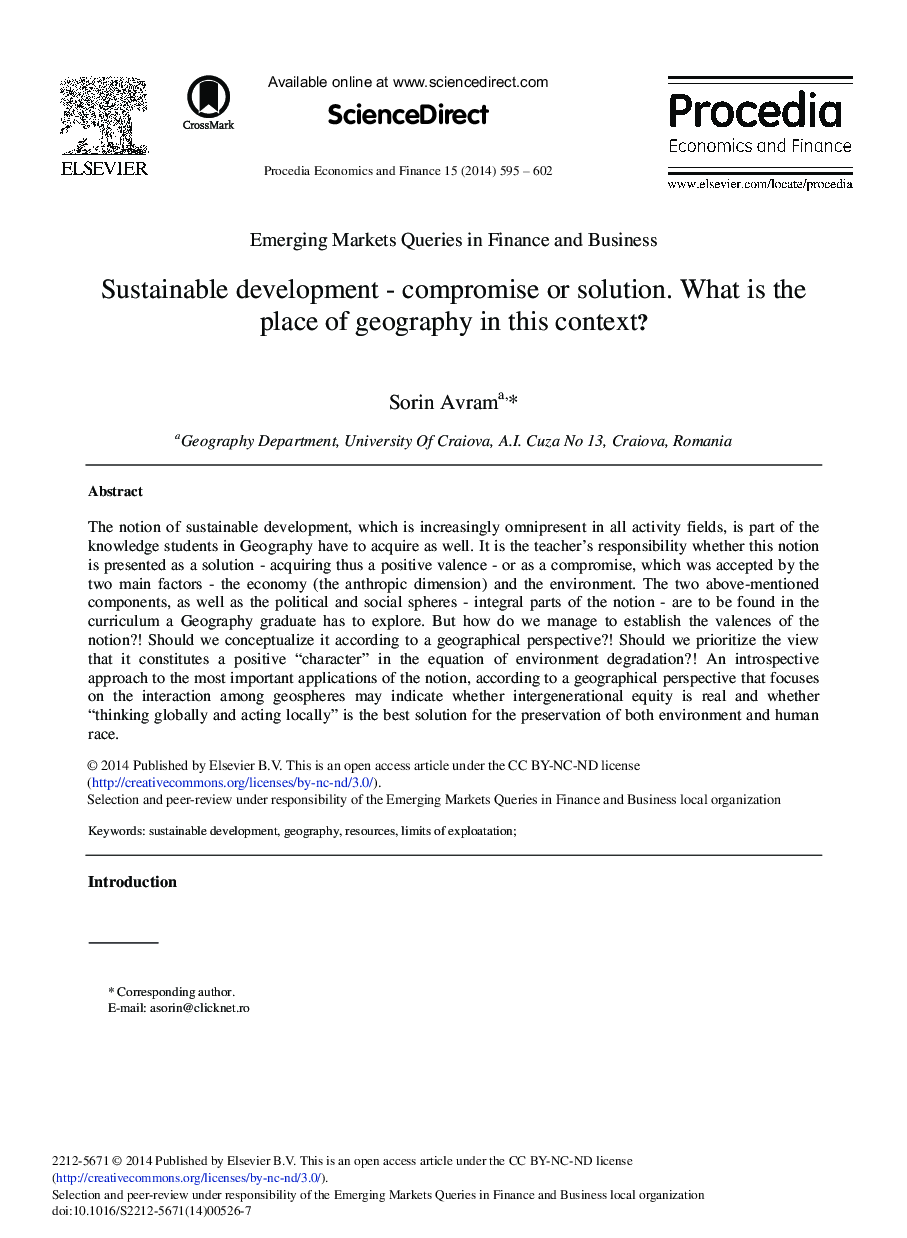 Sustainable Development - Compromise or Solution. What is the Place of Geography in this Context? 