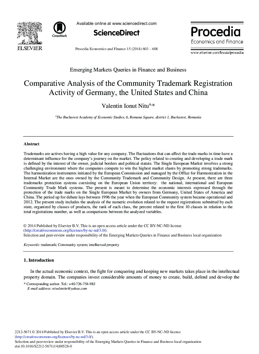 Comparative Analysis of the Community Trademark Registration Activity of Germany, the United States and China 