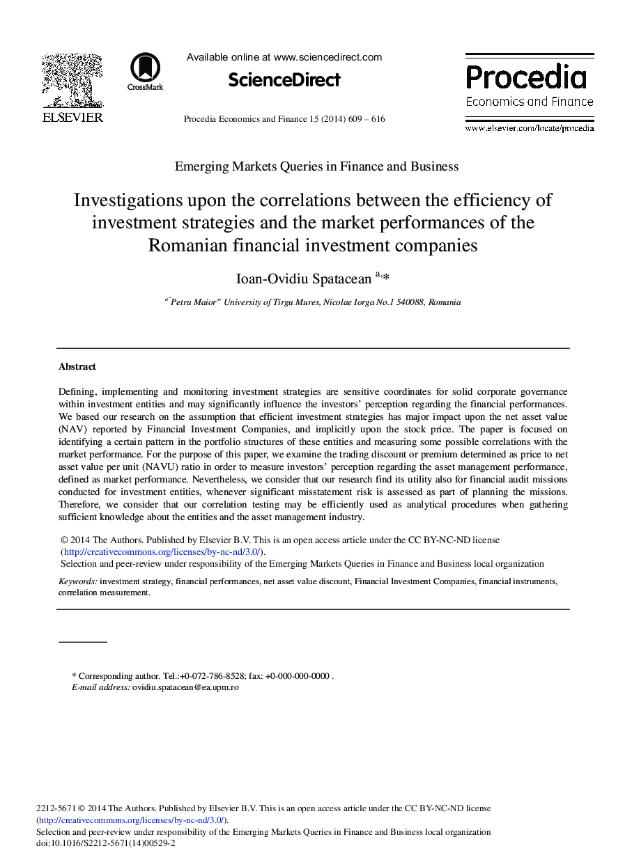 بررسی ها در مورد ارتباطهای بین کارایی استراتژی های سرمایه گذاری و عملکردهای بازار شرکت های سرمایه گذاری مالی رومانیایی