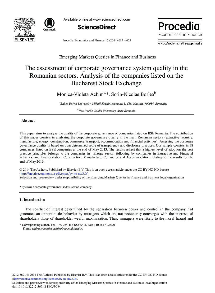 The Assessment of Corporate Governance System Quality in the Romanian Sectors. Analysis of the Companies Listed on the Bucharest Stock Exchange 