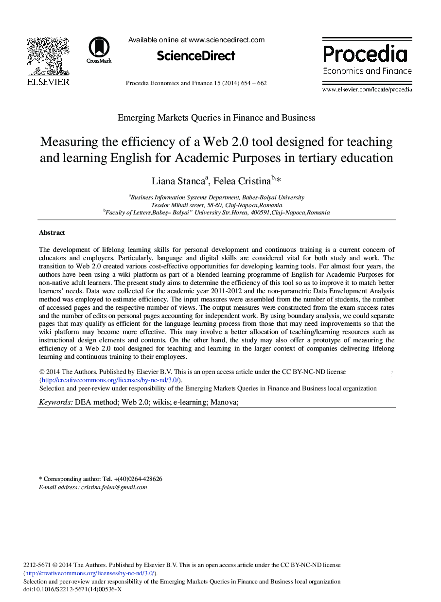 Measuring the Efficiency of a Web 2.0 Tool Designed for Teaching and Learning English for Academic Purposes in Tertiary Education 