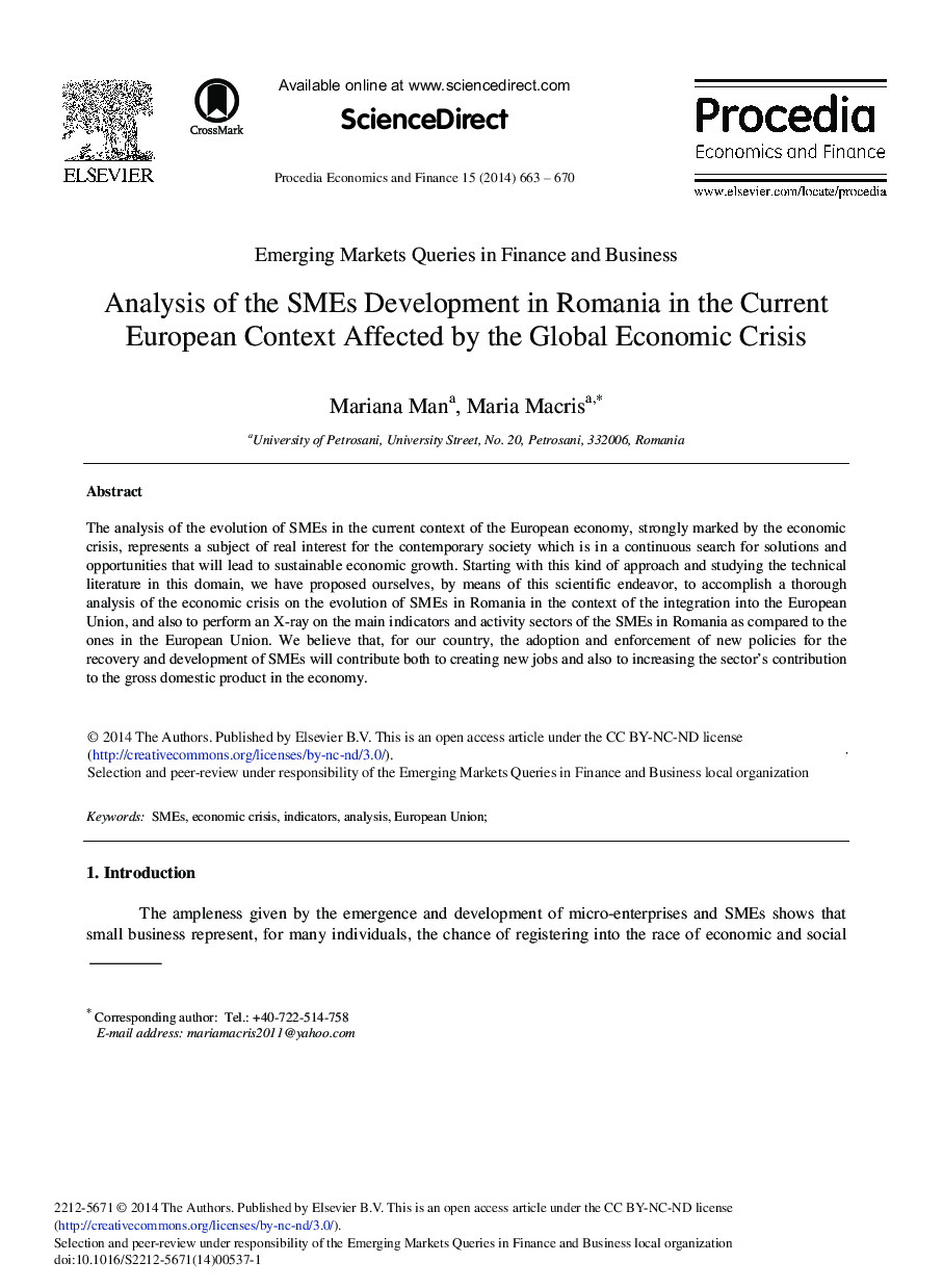 Analysis of the SMEs Development in Romania in the Current European Context Affected by the Global Economic Crisis 