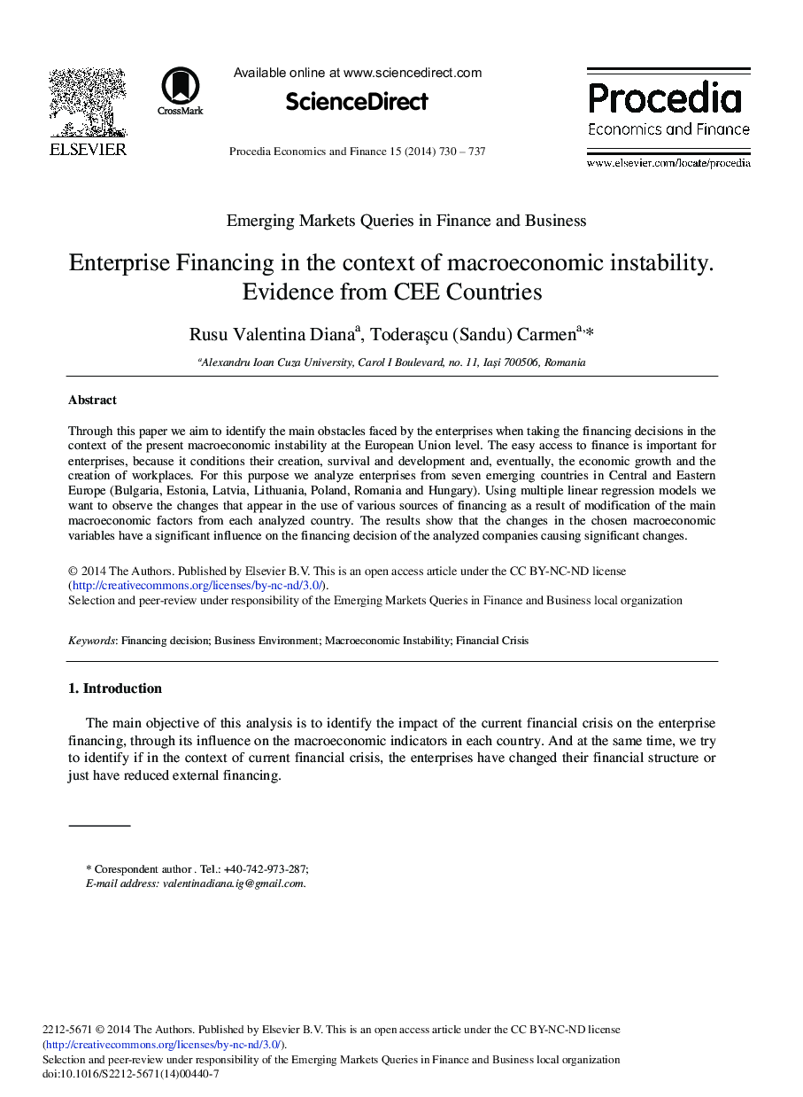 Enterprise Financing in the Context of Macroeconomic Instability. Evidence from CEE Countries 