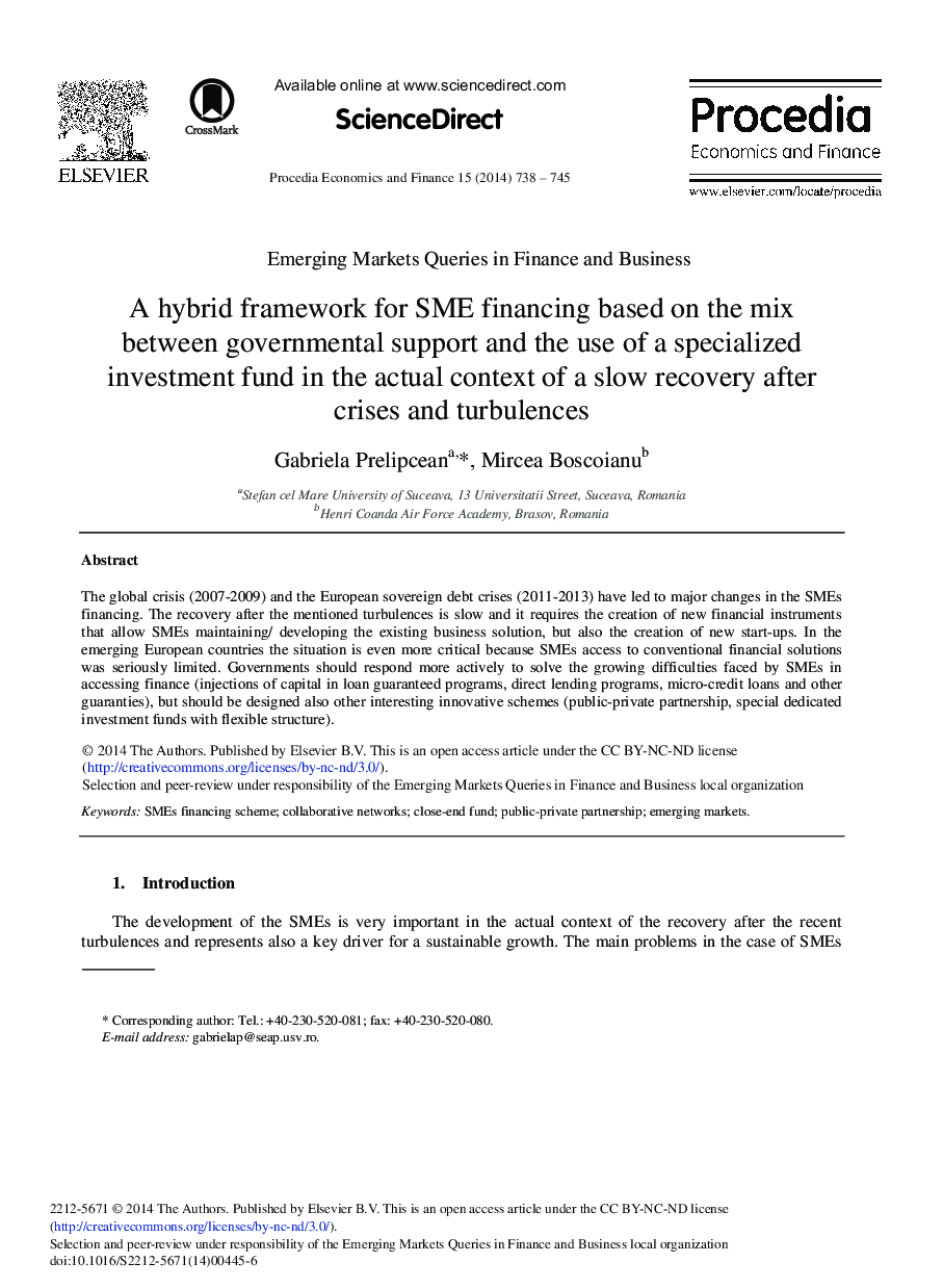 A Hybrid Framework for SME Financing Based on the Mix between Governmental Support and the Use of a Specialized Investment Fund in the Actual Context of a Slow Recovery after Crises and Turbulences 
