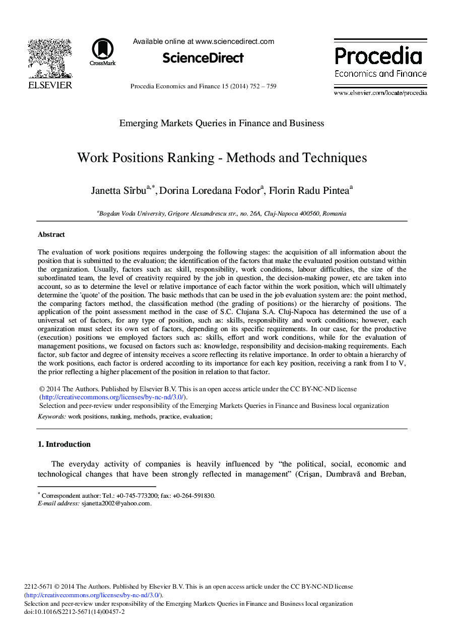 Work Positions Ranking - Methods and Techniques 