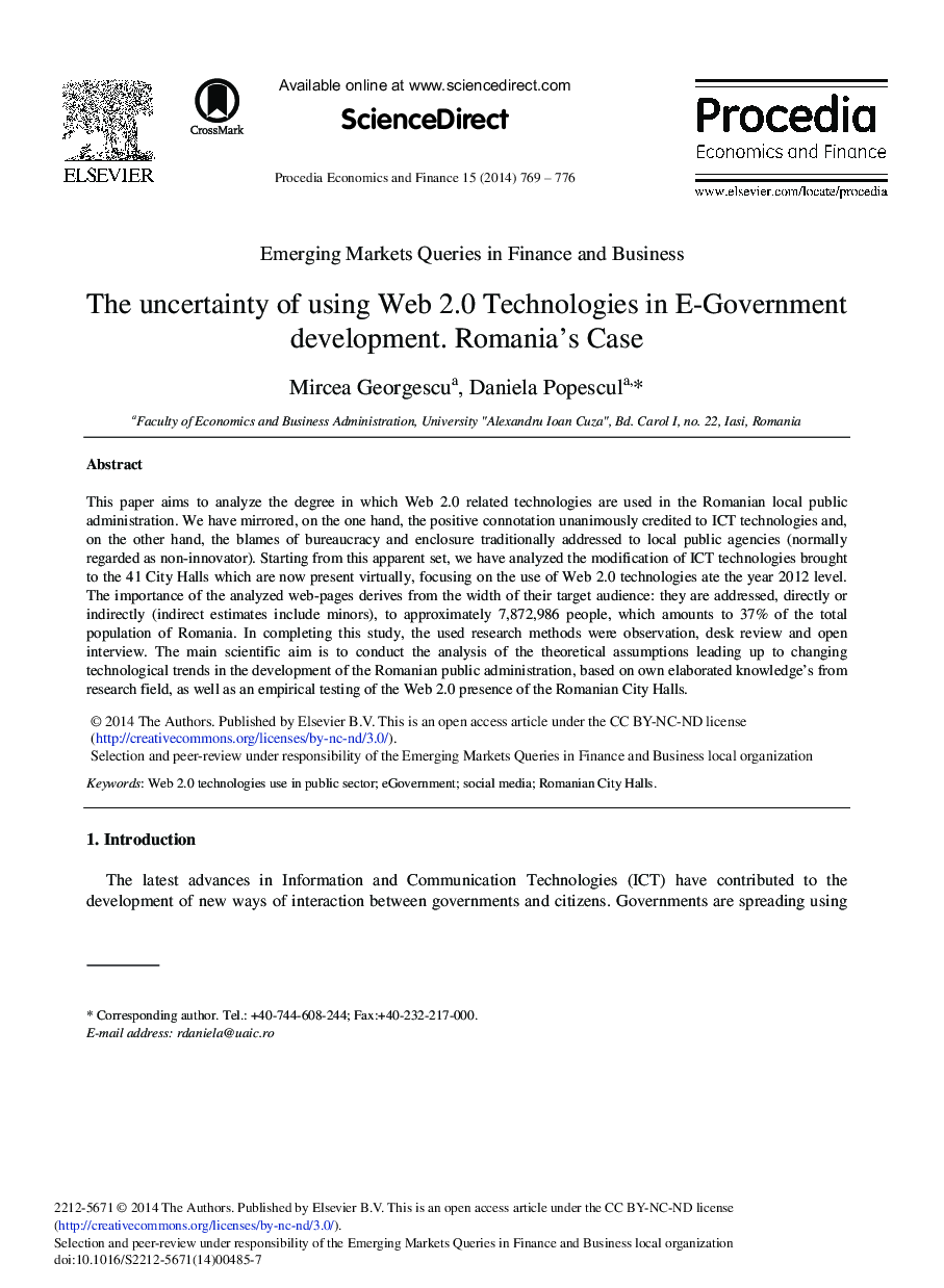 The Uncertainty of Using Web 2.0 Technologies in E-Government Development. Romania's Case 