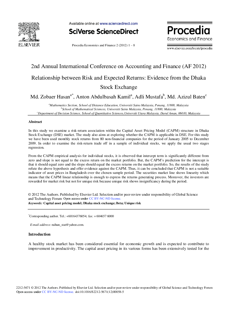 Relationship between Risk and Expected Returns: Evidence from the Dhaka Stock Exchange