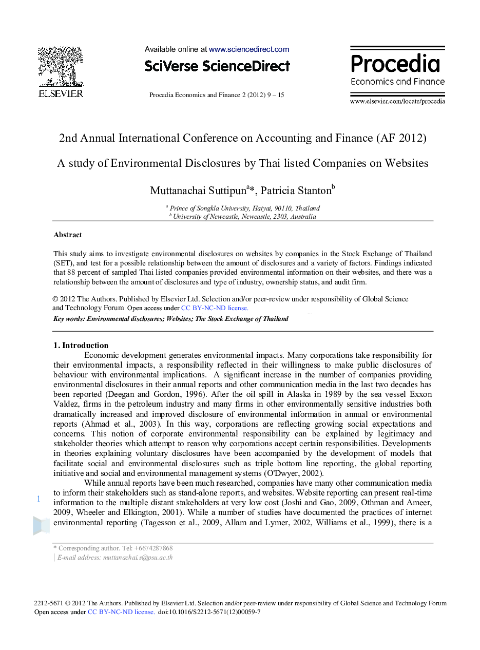 عکس صفحه اول مقاله: A study of Environmental Disclosures by Thai listed Companies on Websites A study of Environmental Disclosures by Thai listed Companies on Websites