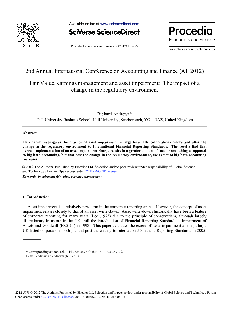 Fair Value, Earnings Management and Asset Impairment: The Impact of a Change in the Regulatory Environment