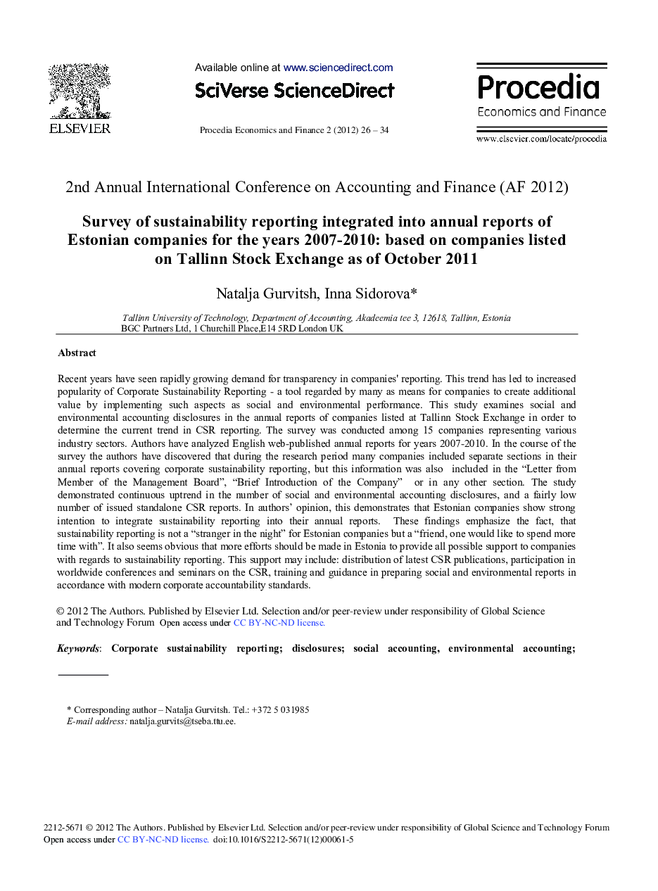 Survey of Sustainability Reporting Integrated into Annual Reports of Estonian Companies for the years 2007-2010: Based on Companies Listed on Tallinn Stock Exchange as of October 2011