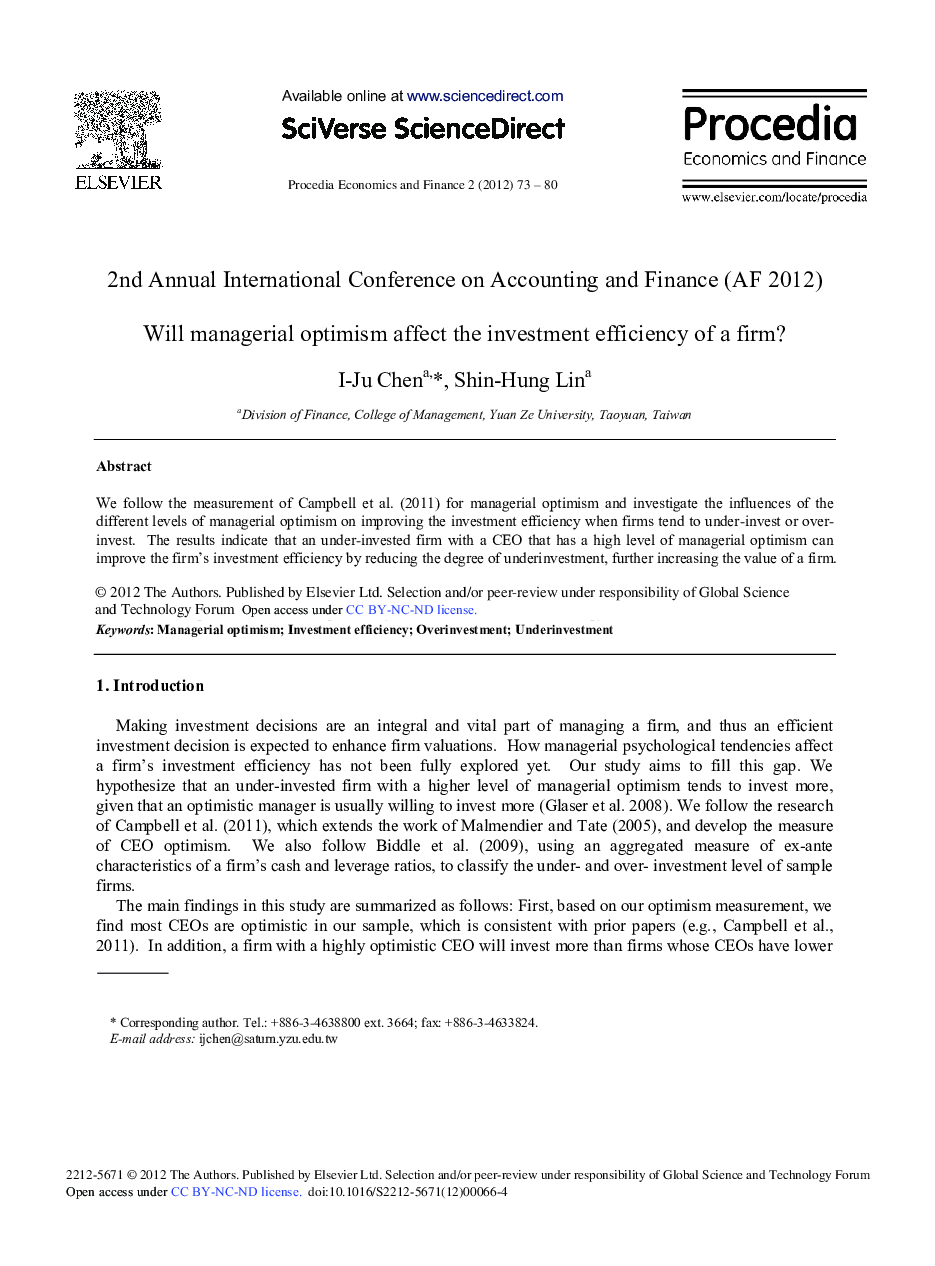 Will Managerial Optimism Affect the Investment Efficiency of a Firm?