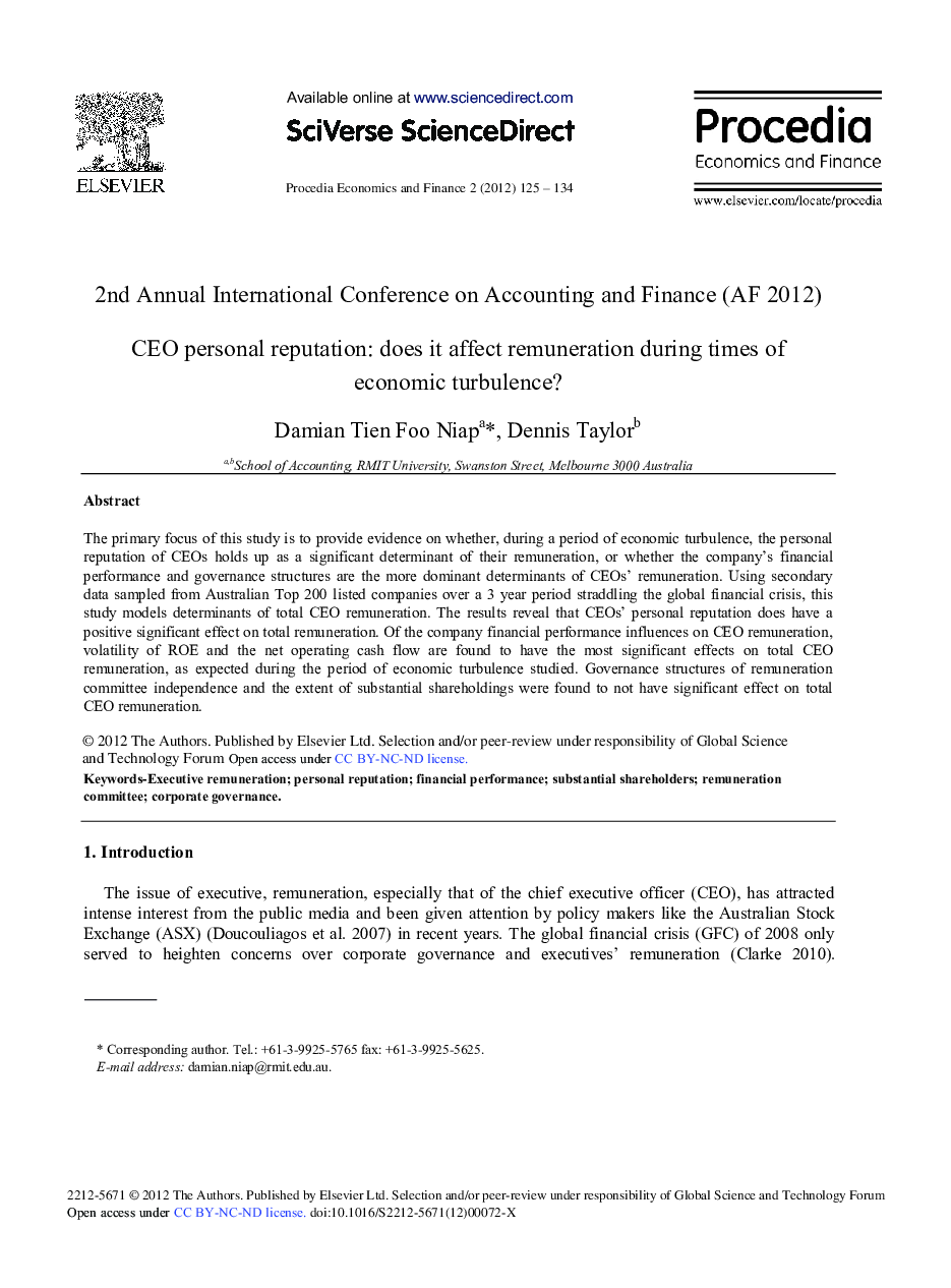 CEO Personal Reputation: does it Affect Remuneration During Times of Economic Turbulence?