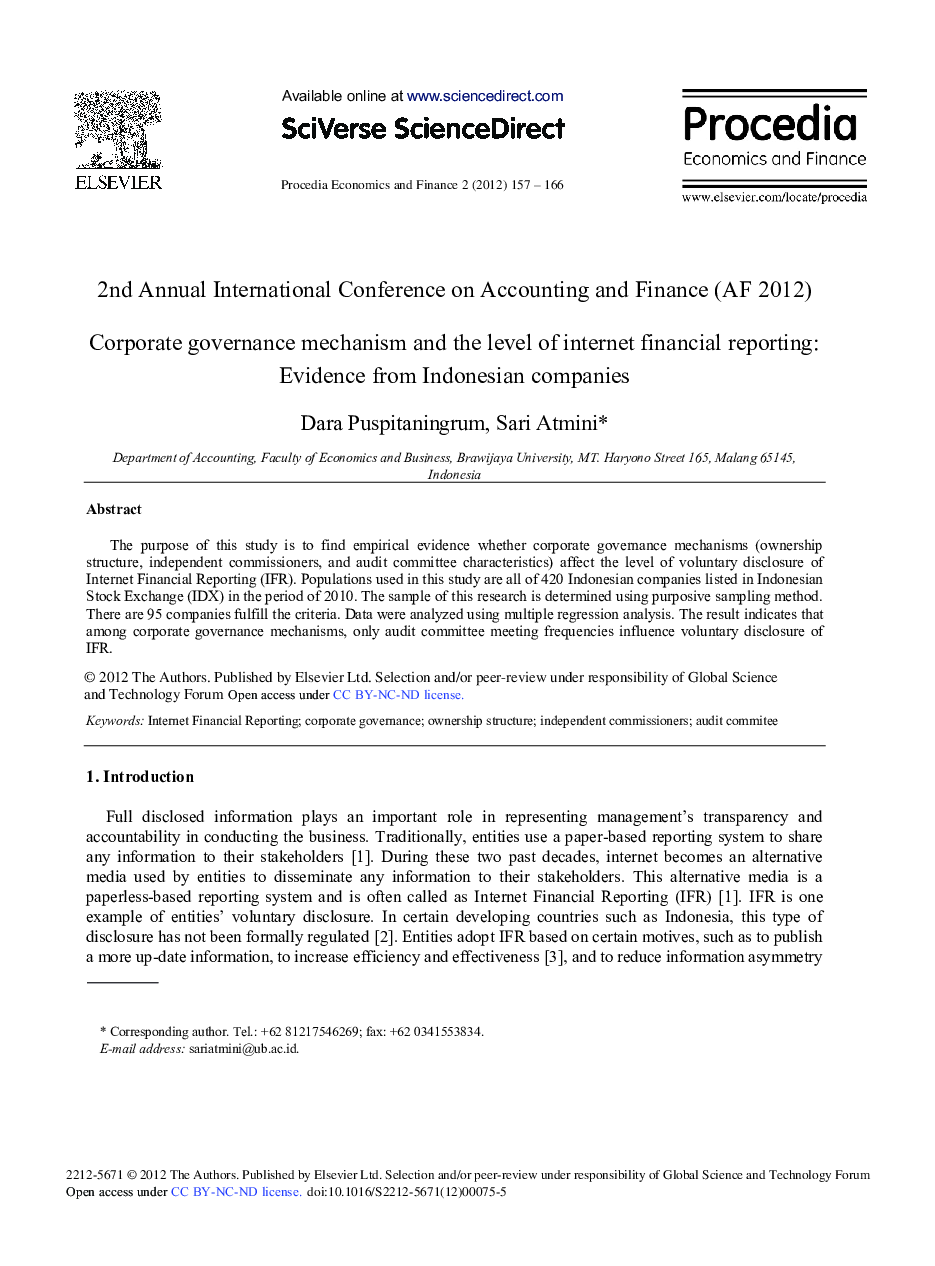 Corporate Governance Mechanism and the Level of Internet Financial Reporting: Evidence from Indonesian Companies